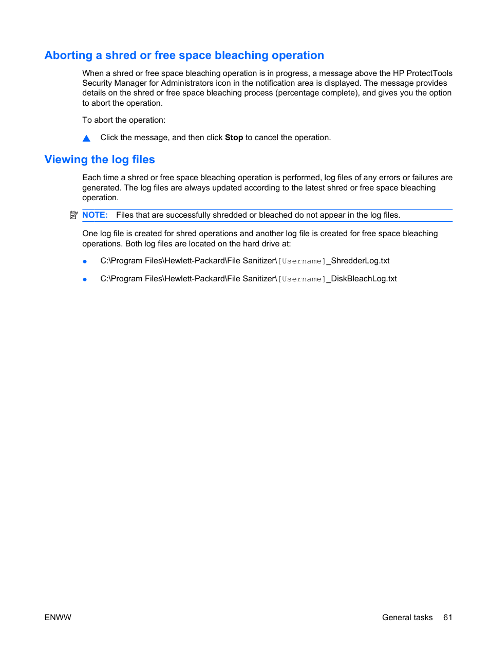 Aborting a shred or free space bleaching operation, Viewing the log files | HP Compaq dc7900 Small Form Factor PC User Manual | Page 71 / 110