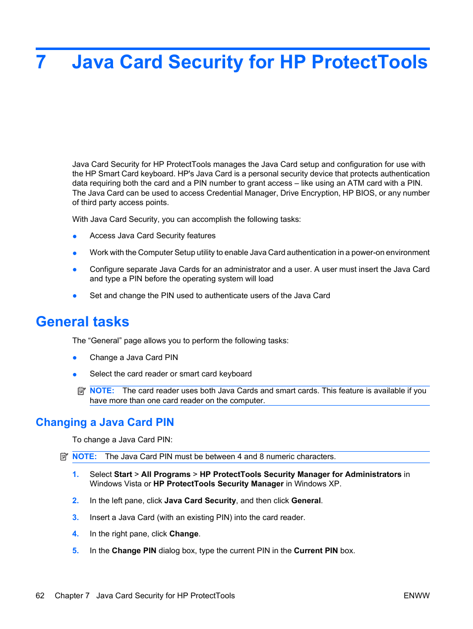 Java card security for hp protecttools, General tasks, Changing a java card pin | 7 java card security for hp protecttools, 7java card security for hp protecttools | HP Compaq dc7900 Small Form Factor PC User Manual | Page 72 / 110