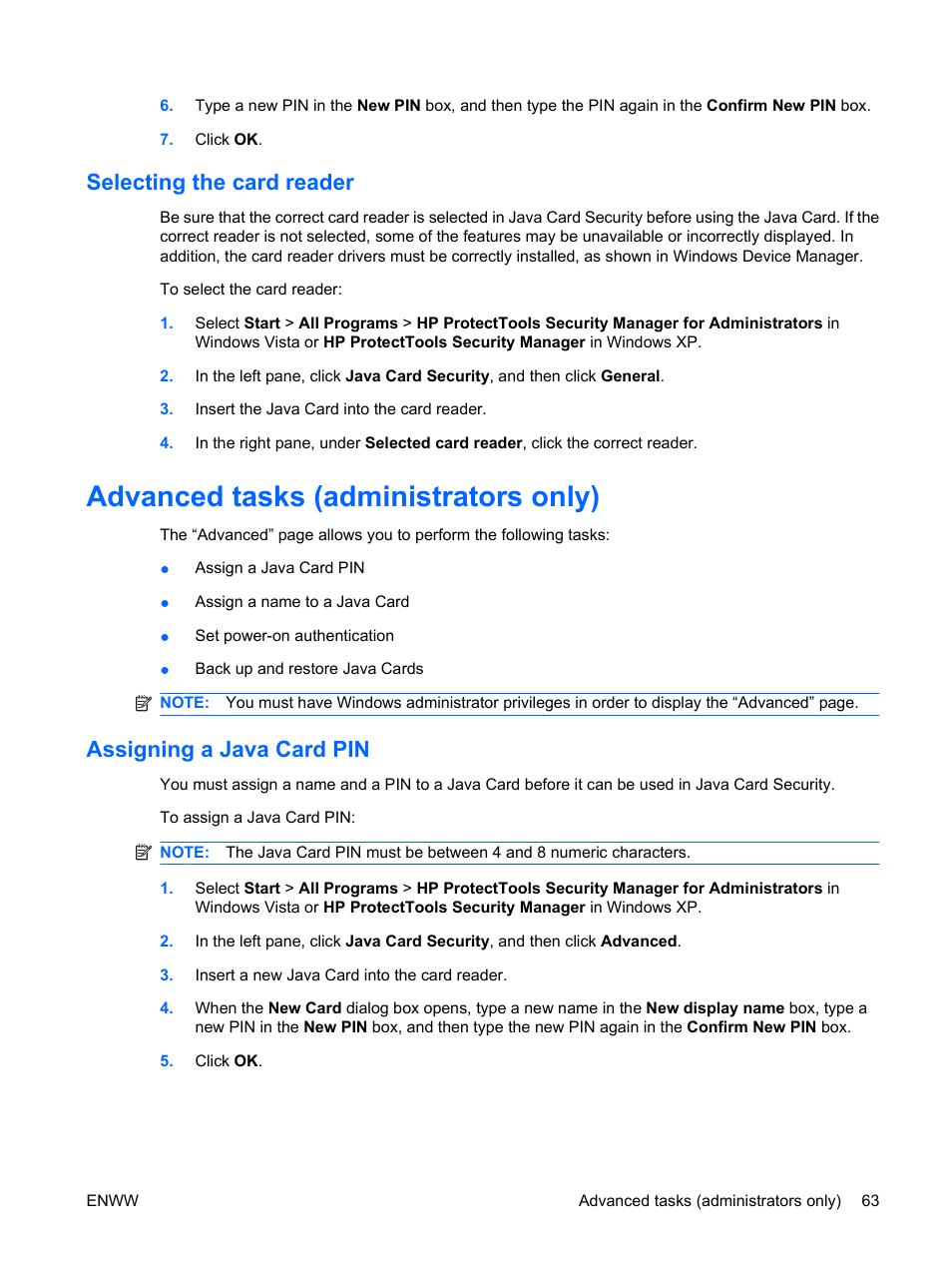 Selecting the card reader, Advanced tasks (administrators only), Assigning a java card pin | HP Compaq dc7900 Small Form Factor PC User Manual | Page 73 / 110