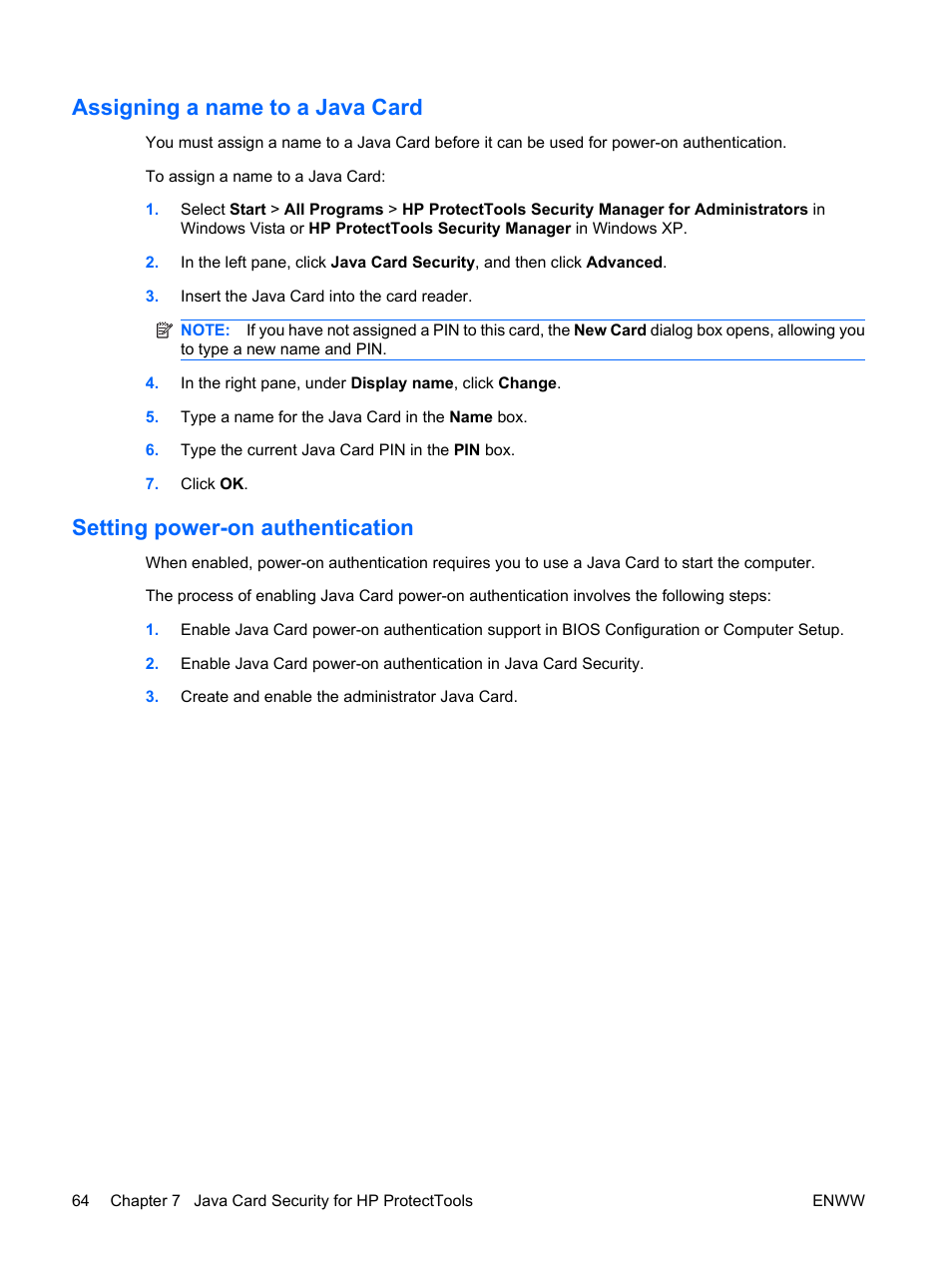 Assigning a name to a java card, Setting power-on authentication | HP Compaq dc7900 Small Form Factor PC User Manual | Page 74 / 110