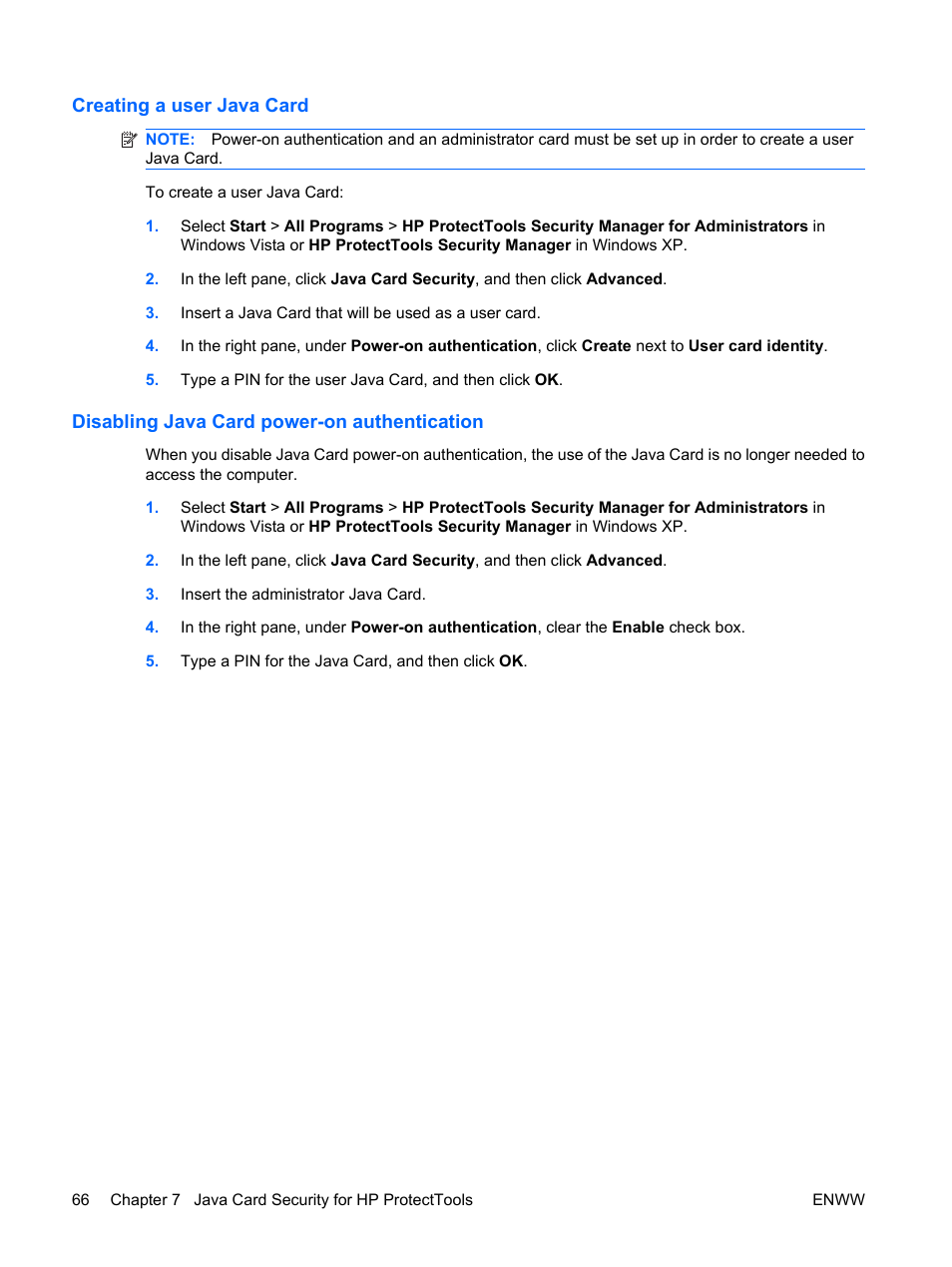 Creating a user java card, Disabling java card power-on authentication | HP Compaq dc7900 Small Form Factor PC User Manual | Page 76 / 110