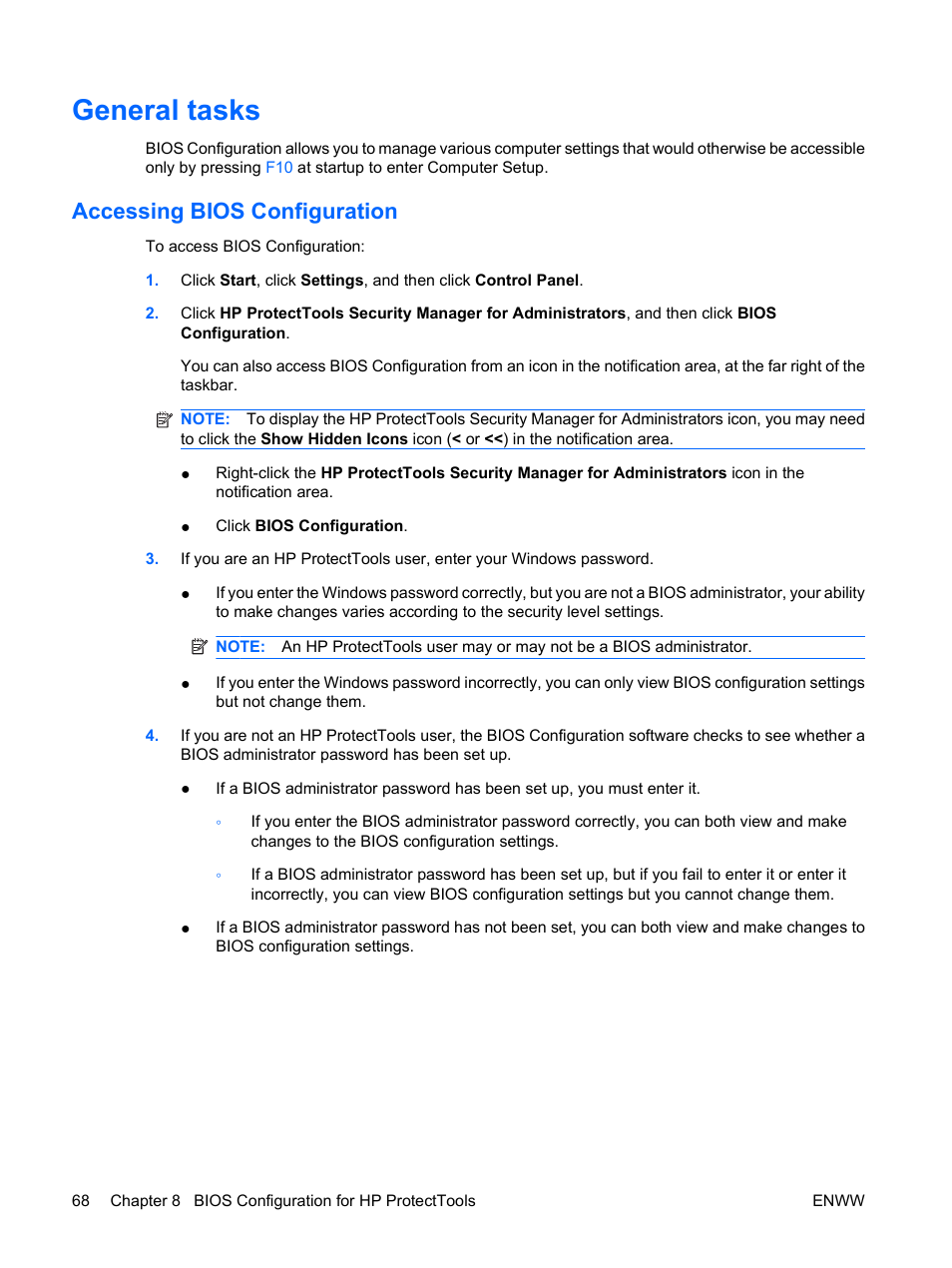 General tasks, Accessing bios configuration | HP Compaq dc7900 Small Form Factor PC User Manual | Page 78 / 110