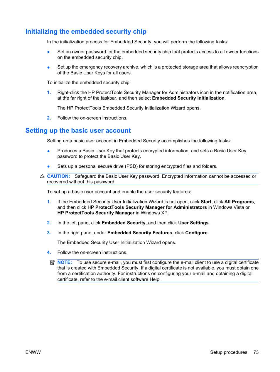 Initializing the embedded security chip, Setting up the basic user account | HP Compaq dc7900 Small Form Factor PC User Manual | Page 83 / 110