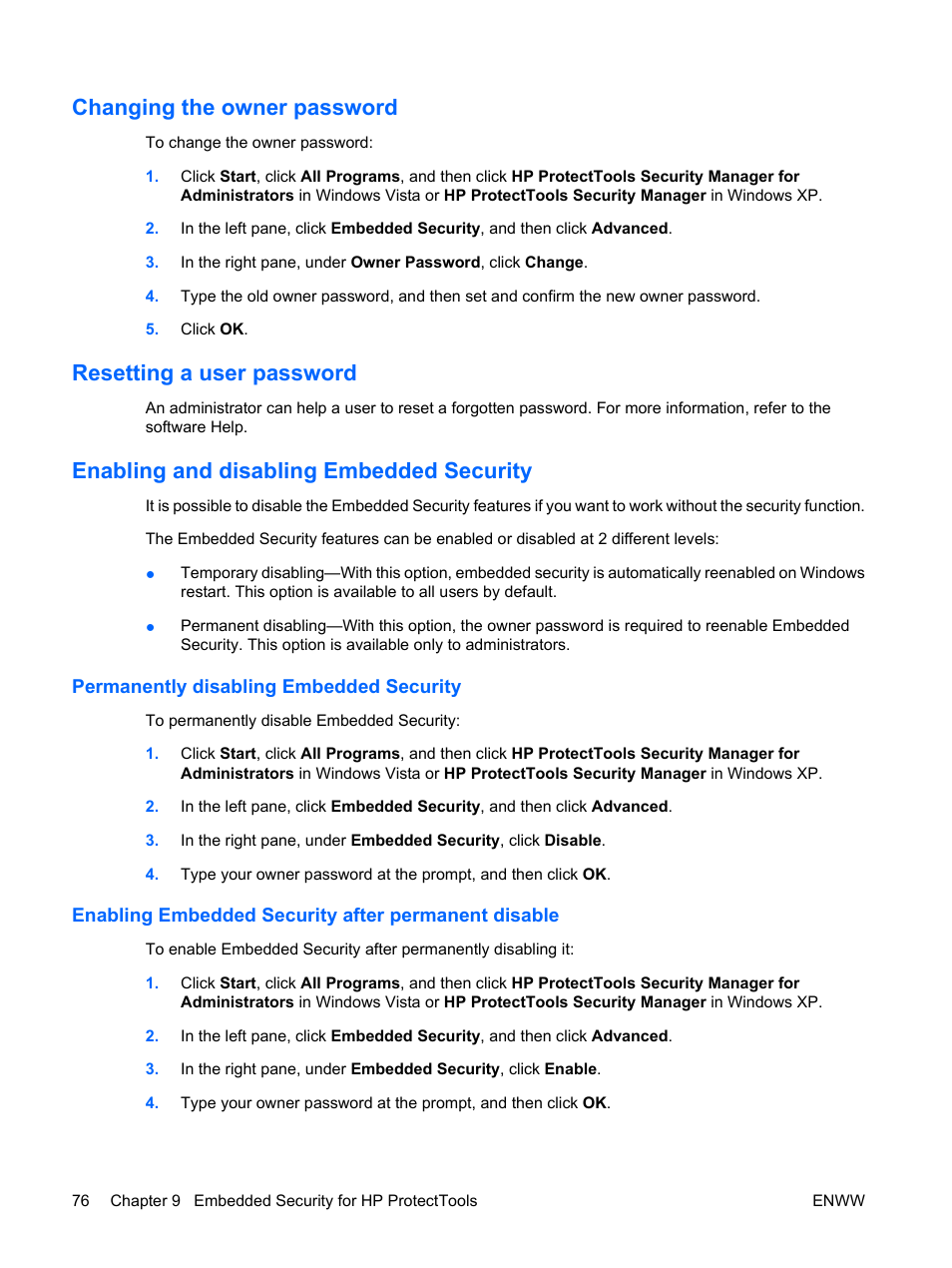 Changing the owner password, Resetting a user password, Enabling and disabling embedded security | Permanently disabling embedded security, Enabling embedded security after permanent disable | HP Compaq dc7900 Small Form Factor PC User Manual | Page 86 / 110