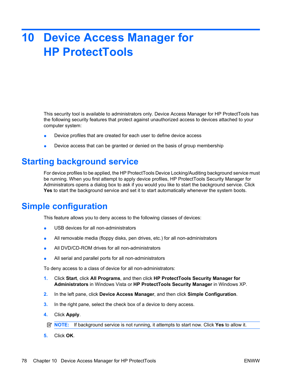 Device access manager for hp protecttools, Starting background service, Simple configuration | 10 device access manager for hp protecttools, Starting background service simple configuration | HP Compaq dc7900 Small Form Factor PC User Manual | Page 88 / 110