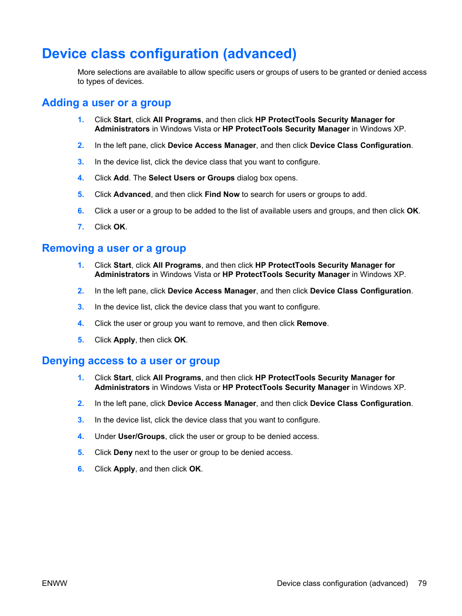 Device class configuration (advanced), Adding a user or a group, Removing a user or a group | Denying access to a user or group | HP Compaq dc7900 Small Form Factor PC User Manual | Page 89 / 110