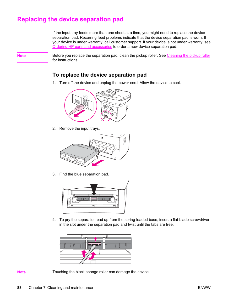 Replacing the device separation pad, To replace the device separation pad | HP LaserJet 3380 All-in-One Printer User Manual | Page 100 / 196