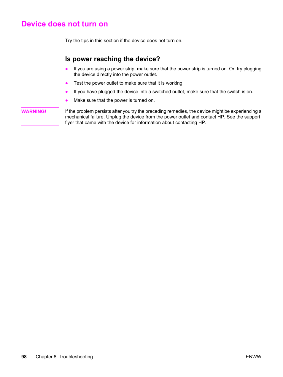 Device does not turn on, Is power reaching the device | HP LaserJet 3380 All-in-One Printer User Manual | Page 110 / 196