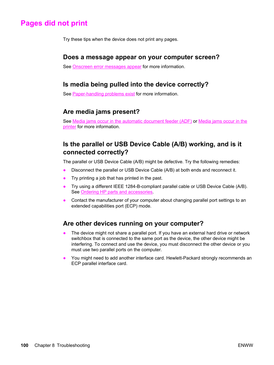 Does a message appear on your computer screen, Is media being pulled into the device correctly, Are media jams present | Are other devices running on your computer, Pages did not print | HP LaserJet 3380 All-in-One Printer User Manual | Page 112 / 196