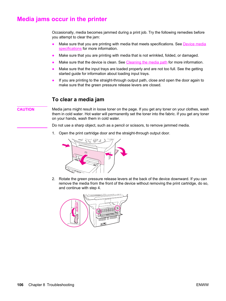 Media jams occur in the printer, To clear a media jam, Media jams occur in the | Printer | HP LaserJet 3380 All-in-One Printer User Manual | Page 118 / 196