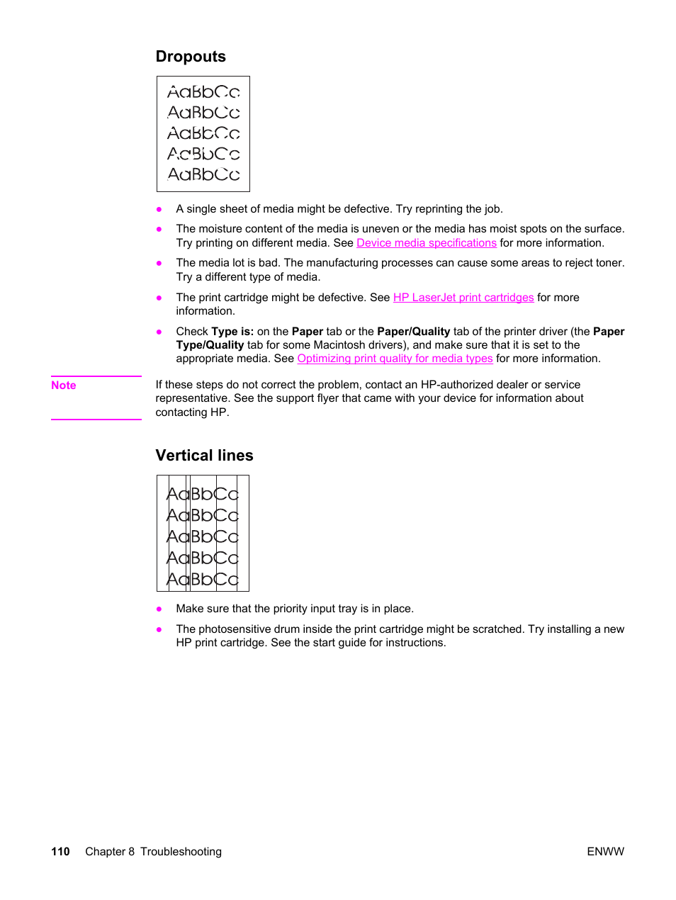 Dropouts, Vertical lines, Dropouts vertical lines | HP LaserJet 3380 All-in-One Printer User Manual | Page 122 / 196