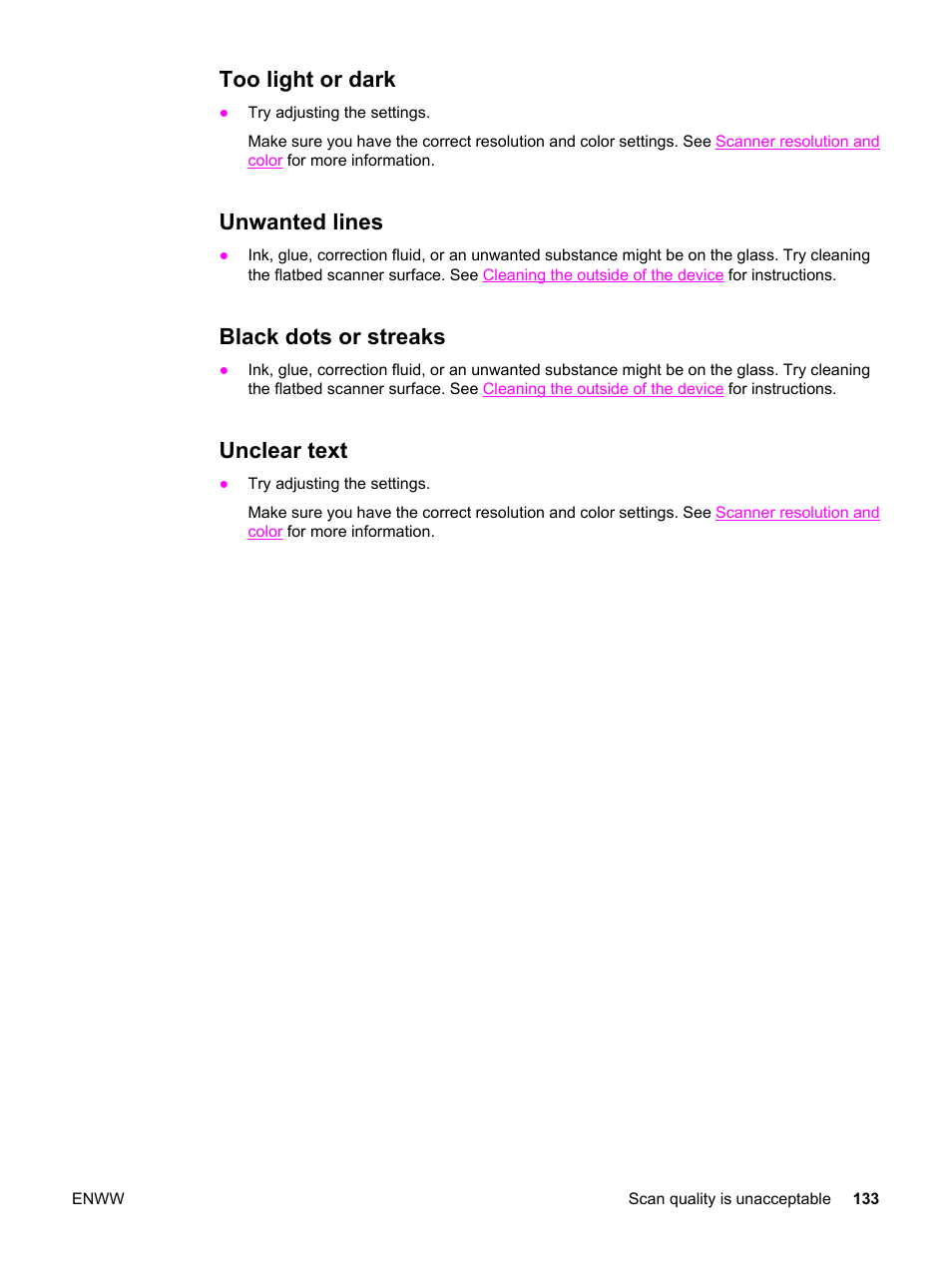 Too light or dark, Unwanted lines, Black dots or streaks | Unclear text | HP LaserJet 3380 All-in-One Printer User Manual | Page 145 / 196