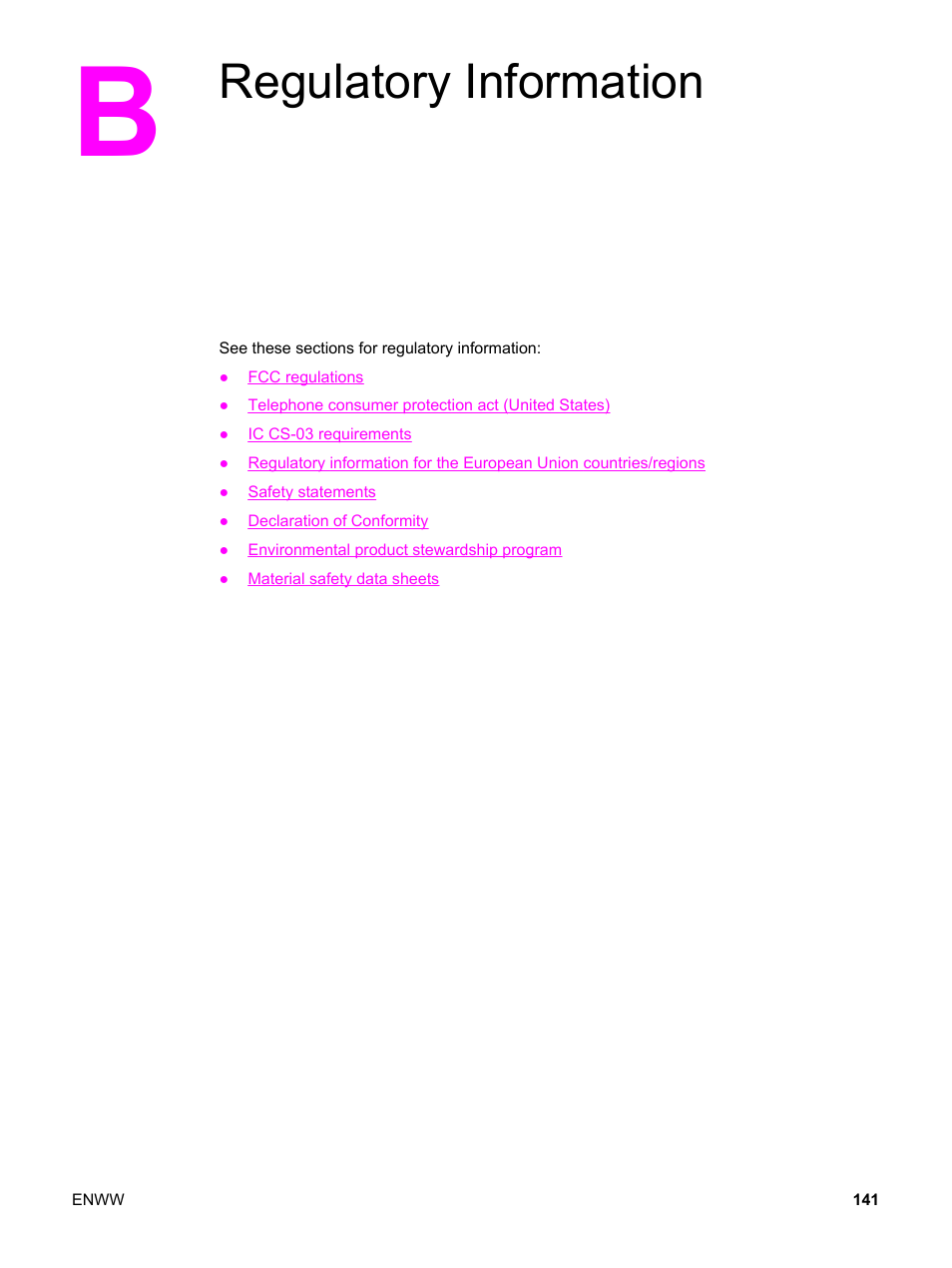 Regulatory information, Appendix b regulatory information | HP LaserJet 3380 All-in-One Printer User Manual | Page 153 / 196