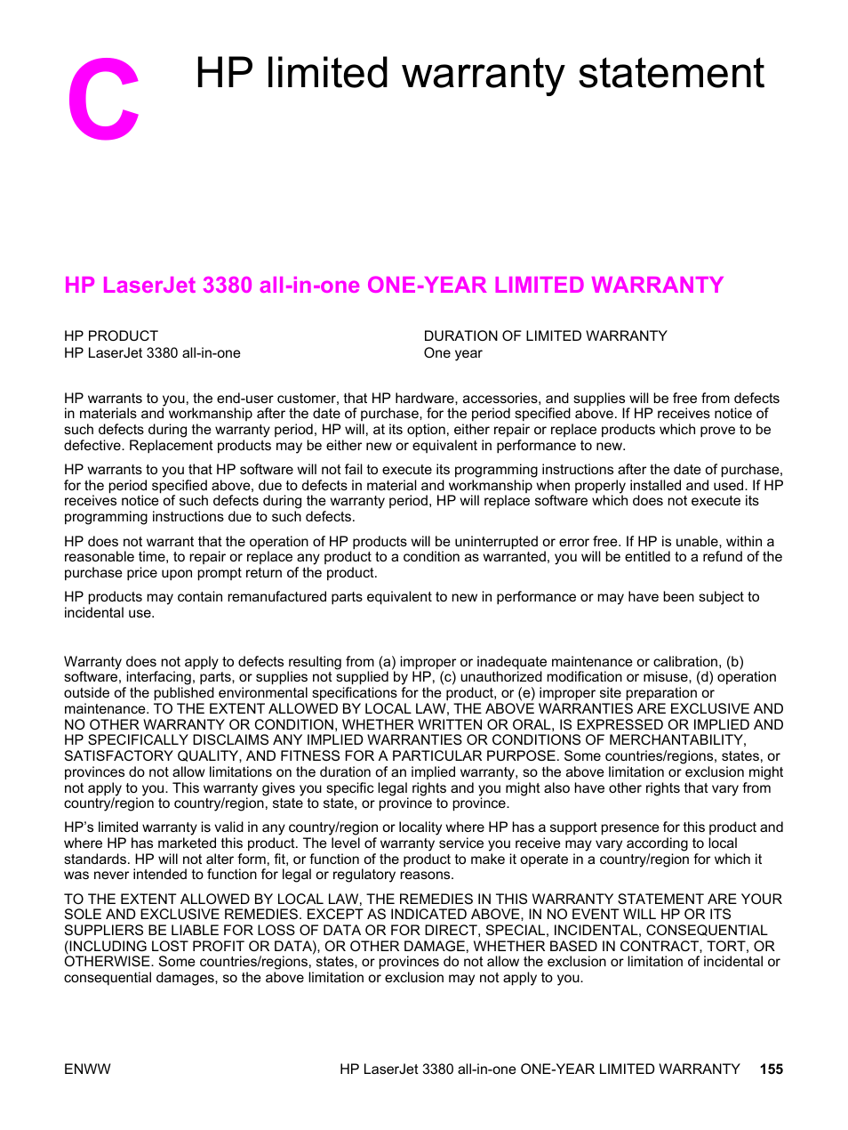 Hp limited warranty statement, Appendix c hp limited warranty statement | HP LaserJet 3380 All-in-One Printer User Manual | Page 167 / 196