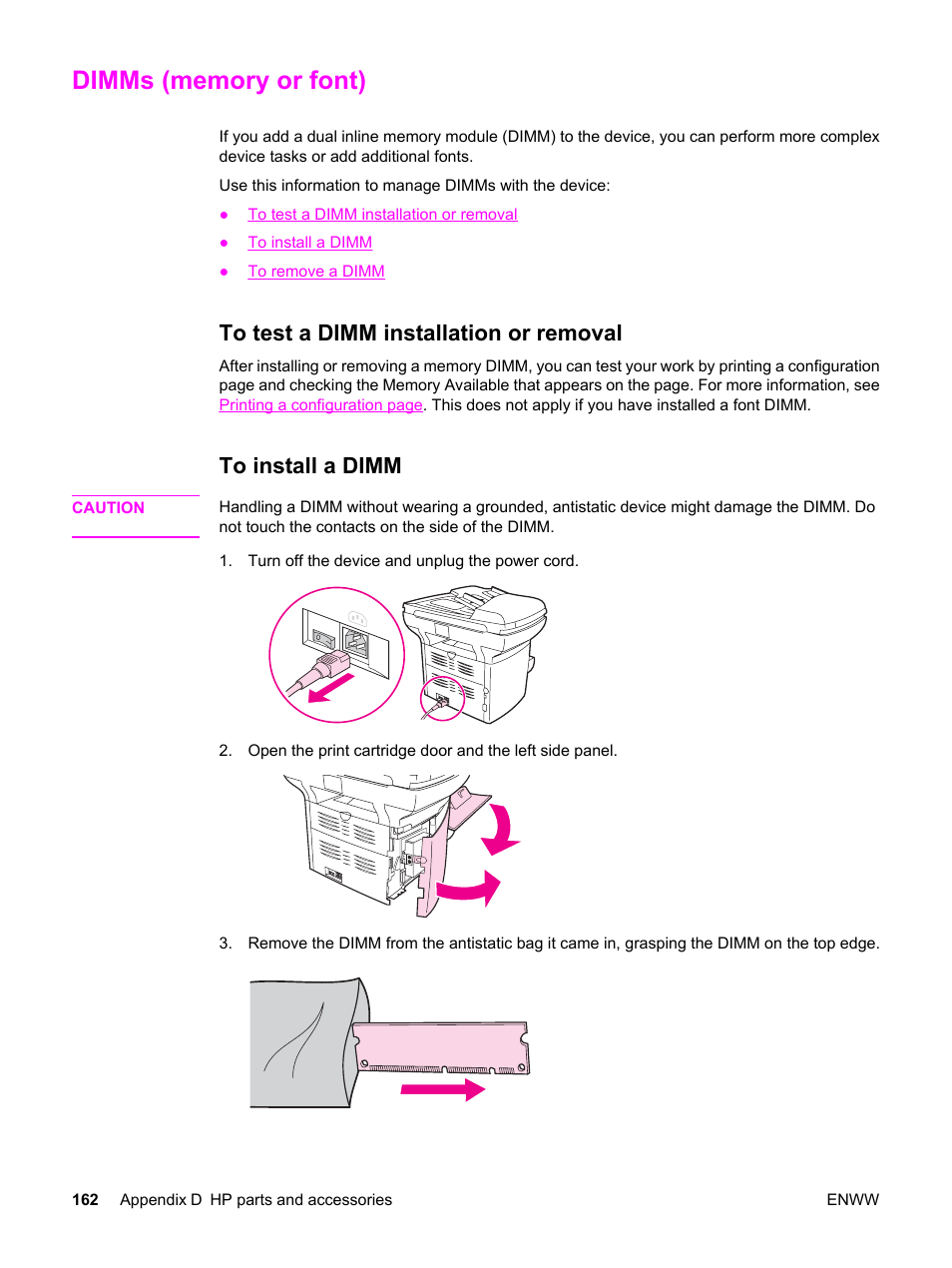 Dimms (memory or font), To test a dimm installation or removal, To install a dimm | HP LaserJet 3380 All-in-One Printer User Manual | Page 174 / 196