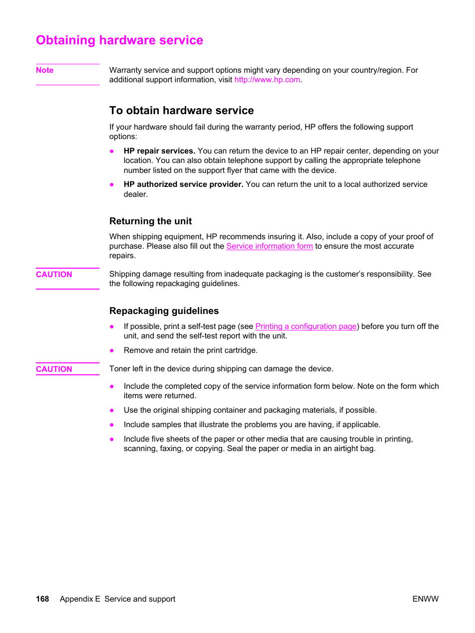 Obtaining hardware service, To obtain hardware service | HP LaserJet 3380 All-in-One Printer User Manual | Page 180 / 196