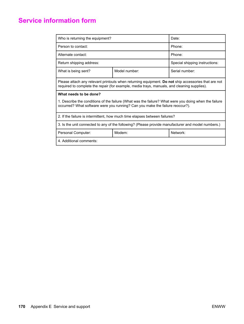 Service information form | HP LaserJet 3380 All-in-One Printer User Manual | Page 182 / 196
