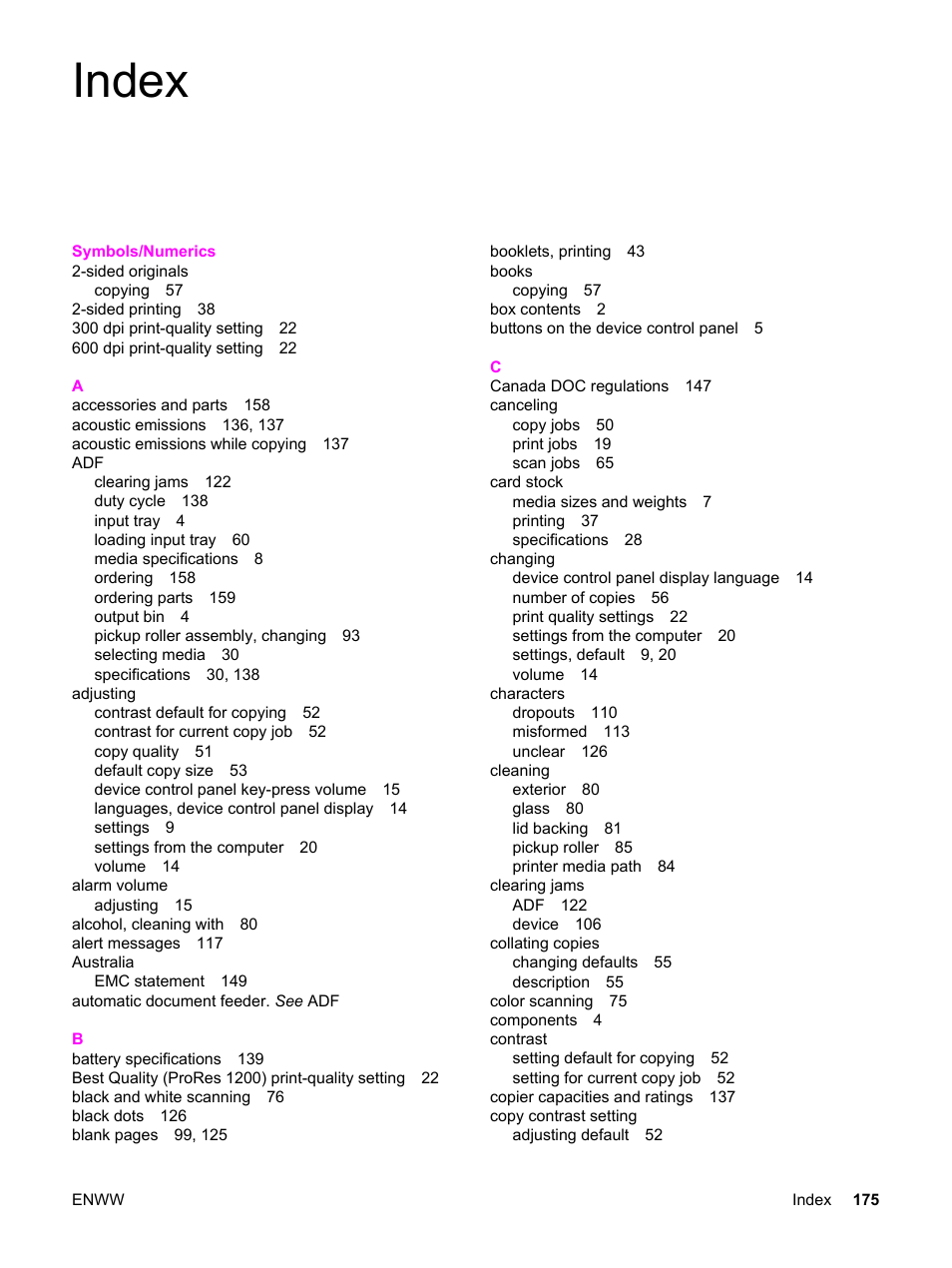 Index | HP LaserJet 3380 All-in-One Printer User Manual | Page 187 / 196