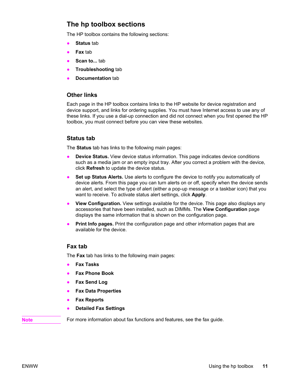 The hp toolbox sections | HP LaserJet 3380 All-in-One Printer User Manual | Page 23 / 196