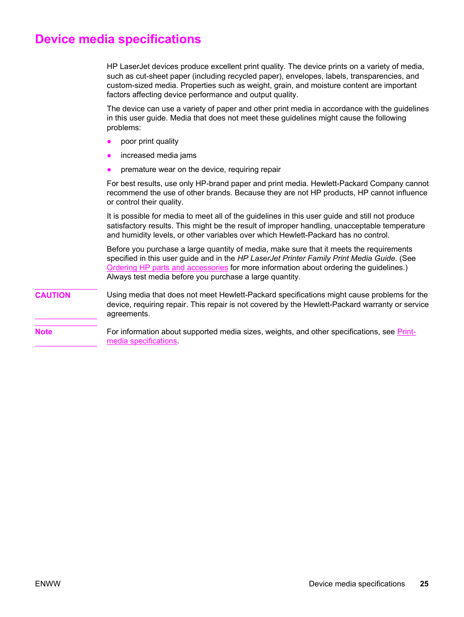 Device media specifications | HP LaserJet 3380 All-in-One Printer User Manual | Page 37 / 196
