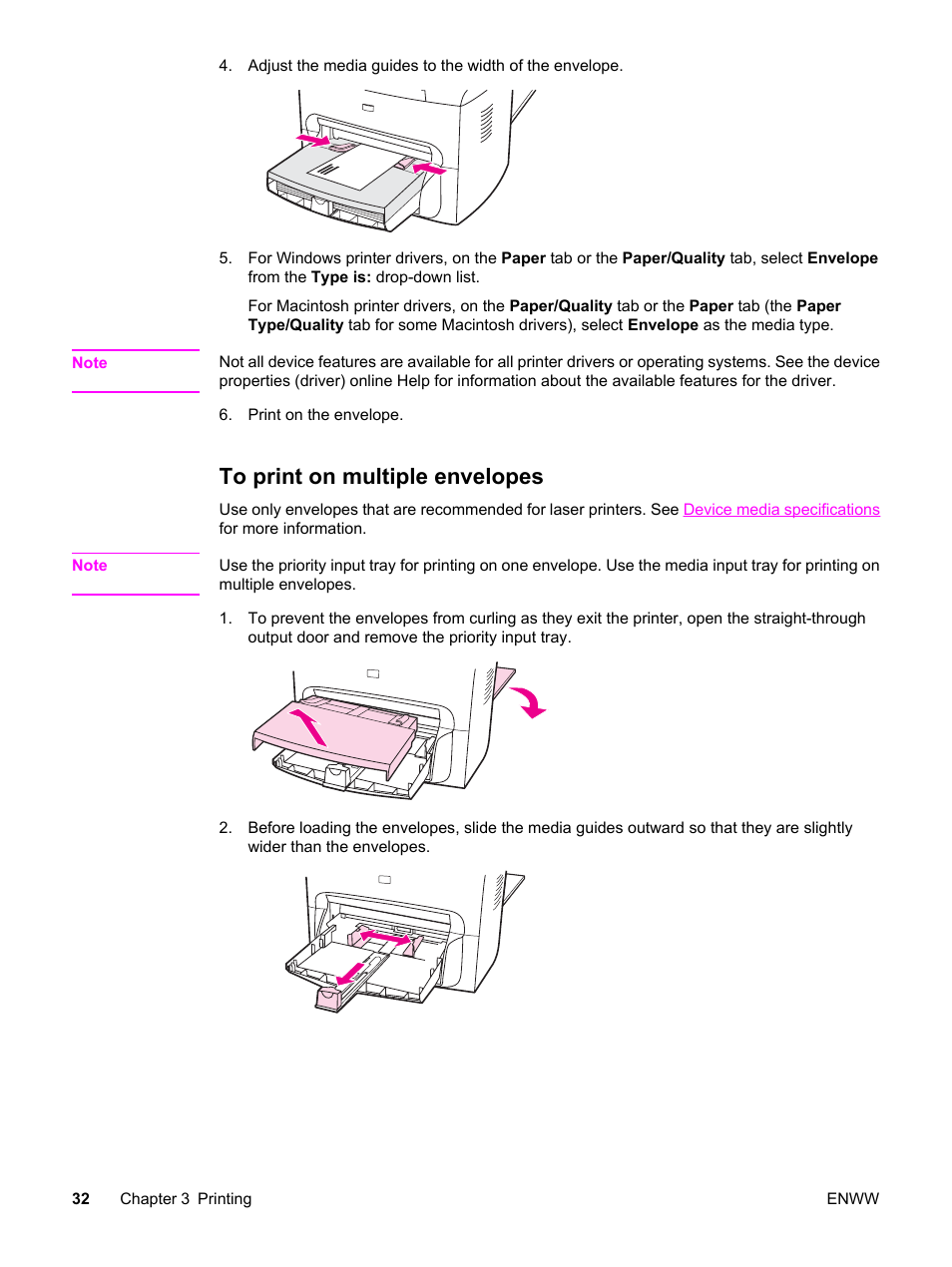 To print on multiple envelopes | HP LaserJet 3380 All-in-One Printer User Manual | Page 44 / 196