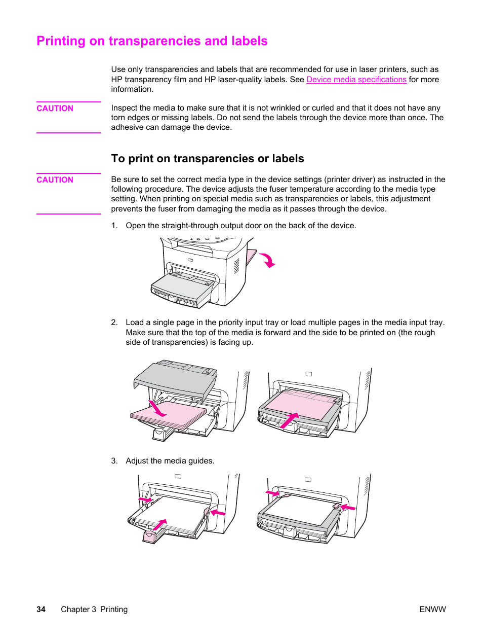 Printing on transparencies and labels, To print on transparencies or labels | HP LaserJet 3380 All-in-One Printer User Manual | Page 46 / 196