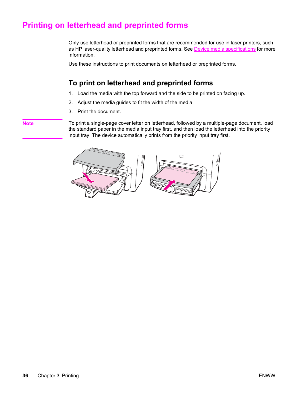 Printing on letterhead and preprinted forms, To print on letterhead and preprinted forms | HP LaserJet 3380 All-in-One Printer User Manual | Page 48 / 196