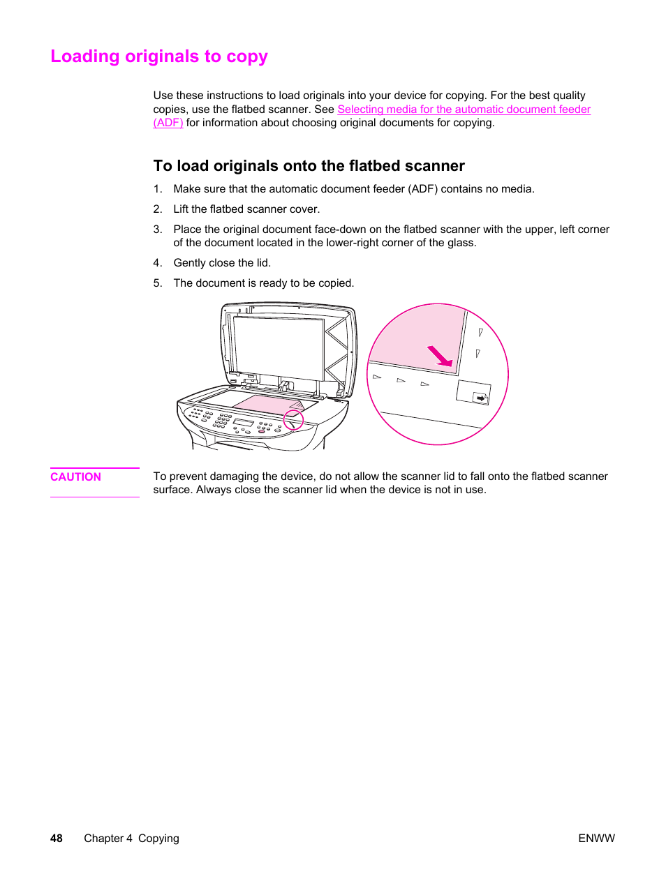 Loading originals to copy, To load originals onto the flatbed scanner | HP LaserJet 3380 All-in-One Printer User Manual | Page 60 / 196