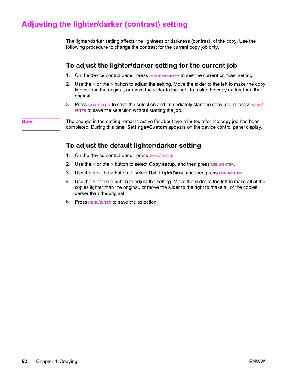 Adjusting the lighter/darker (contrast) setting, To adjust the default lighter/darker setting | HP LaserJet 3380 All-in-One Printer User Manual | Page 64 / 196