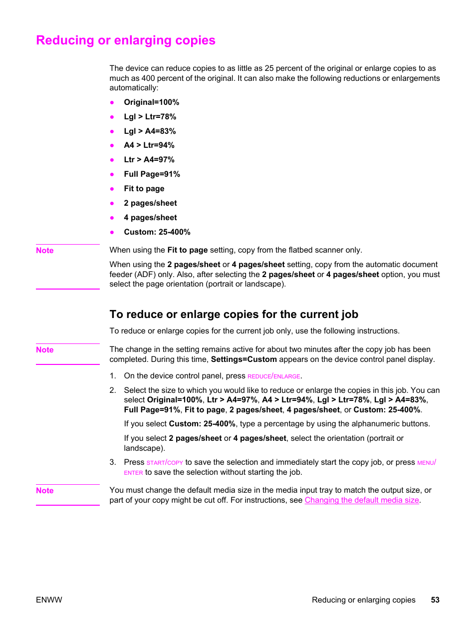 Reducing or enlarging copies, To reduce or enlarge copies for the current job | HP LaserJet 3380 All-in-One Printer User Manual | Page 65 / 196