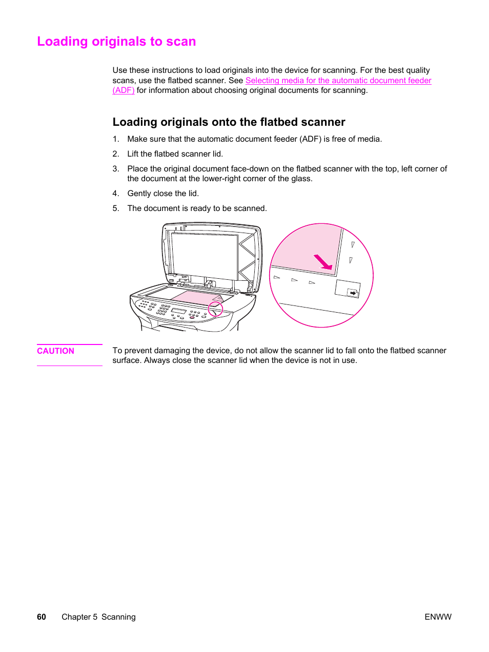 Loading originals to scan, Loading originals onto the flatbed scanner | HP LaserJet 3380 All-in-One Printer User Manual | Page 72 / 196