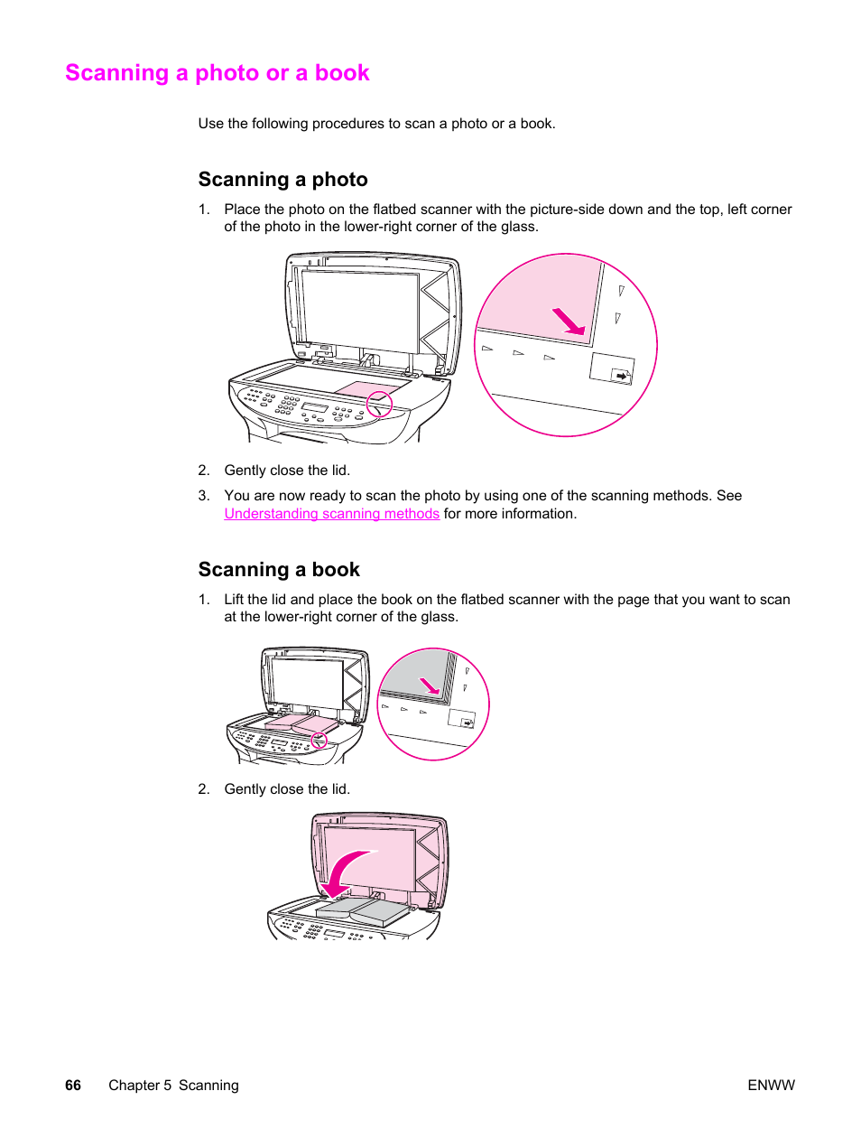 Scanning a photo or a book, Scanning a photo, Scanning a book | Scanning a photo scanning a book | HP LaserJet 3380 All-in-One Printer User Manual | Page 78 / 196