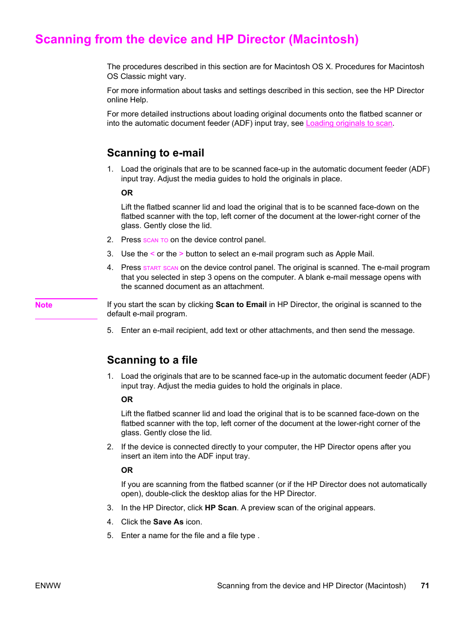 Scanning to e-mail, Scanning to a file, Scanning to e-mail scanning to a file | Information, see, Scanning from the device, And hp director (macintosh) | HP LaserJet 3380 All-in-One Printer User Manual | Page 83 / 196