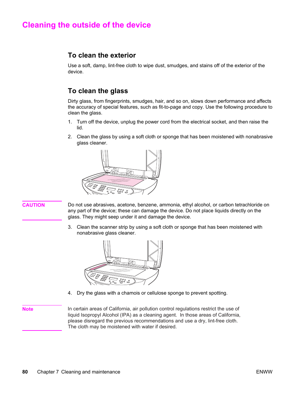 Cleaning the outside of the device, To clean the exterior, To clean the glass | To clean the exterior to clean the glass | HP LaserJet 3380 All-in-One Printer User Manual | Page 92 / 196