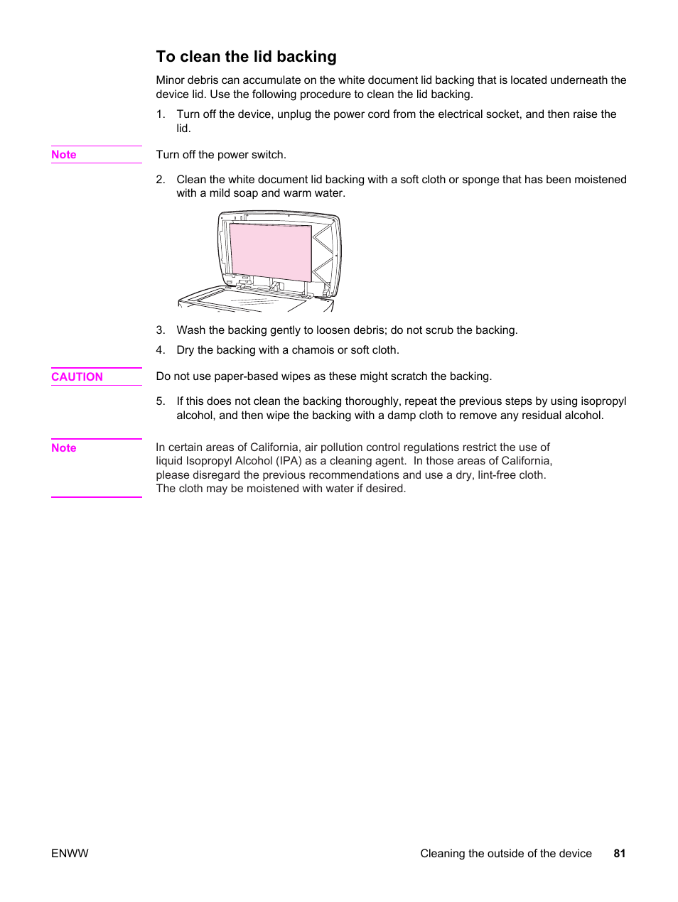 To clean the lid backing | HP LaserJet 3380 All-in-One Printer User Manual | Page 93 / 196