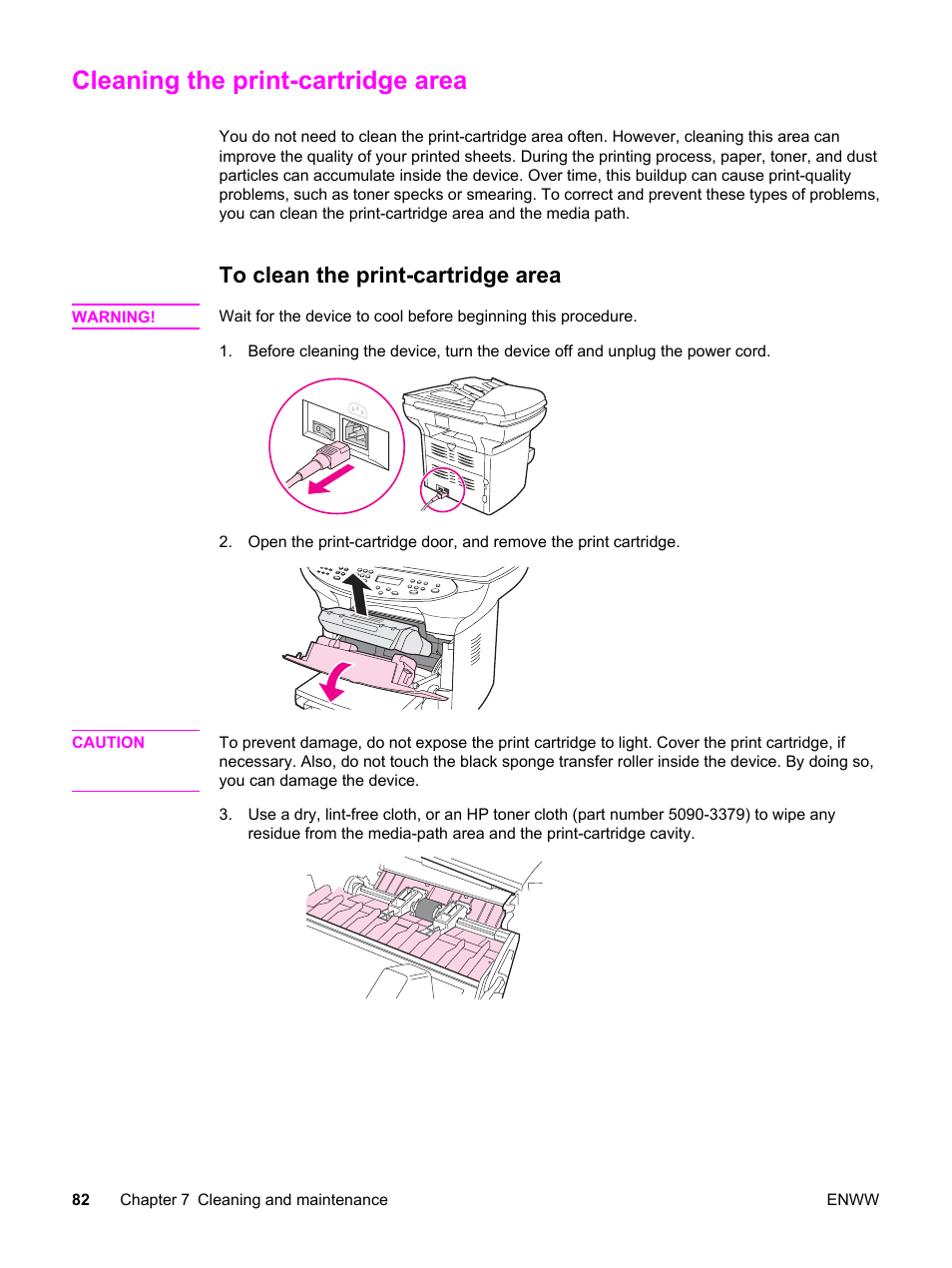 Cleaning the print-cartridge area, To clean the print-cartridge area | HP LaserJet 3380 All-in-One Printer User Manual | Page 94 / 196