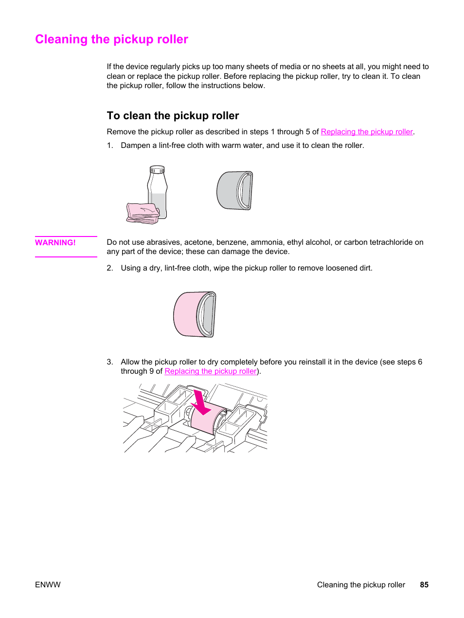 Cleaning the pickup roller, To clean the pickup roller | HP LaserJet 3380 All-in-One Printer User Manual | Page 97 / 196