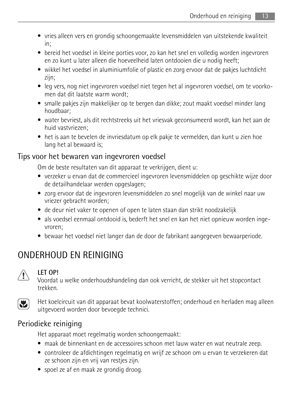 Onderhoud en reiniging, Tips voor het bewaren van ingevroren voedsel, Periodieke reiniging | AEG A72010GNW0 User Manual | Page 13 / 80