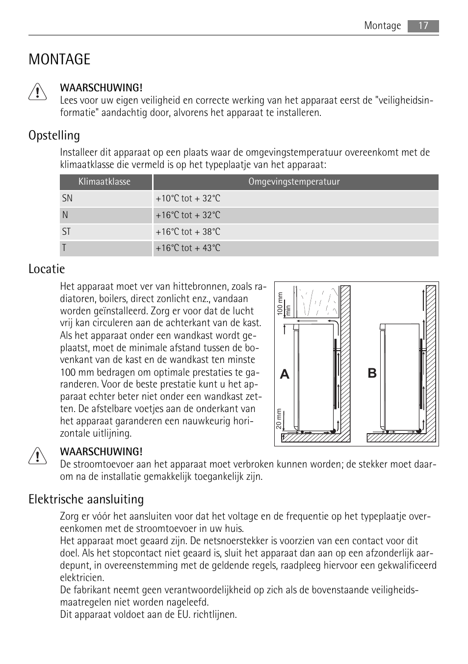 Montage, Opstelling, Locatie | Elektrische aansluiting | AEG A72010GNW0 User Manual | Page 17 / 80