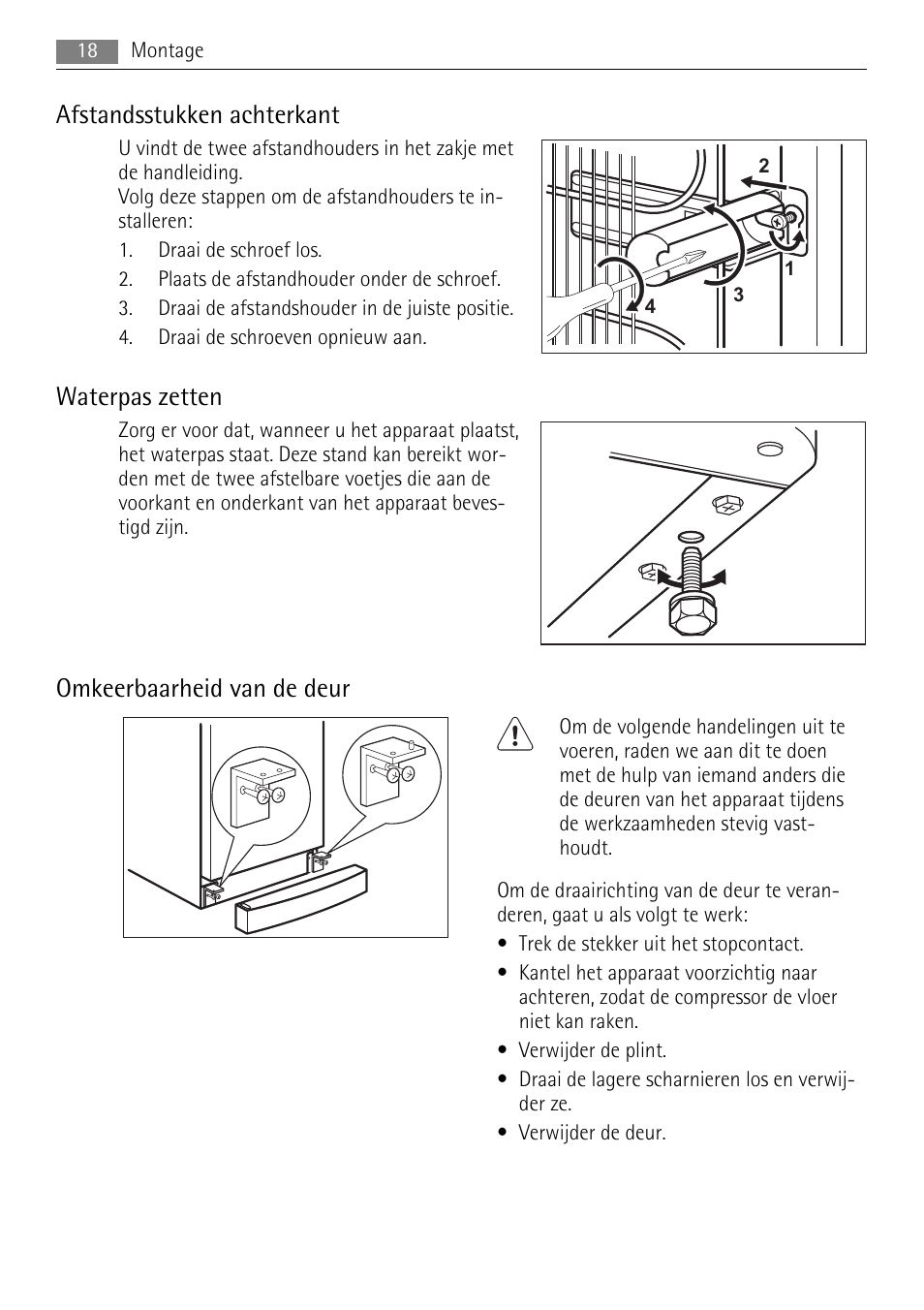 Afstandsstukken achterkant, Waterpas zetten, Omkeerbaarheid van de deur | AEG A72010GNW0 User Manual | Page 18 / 80