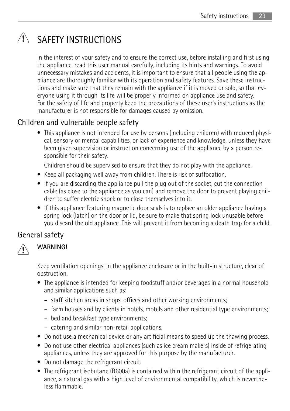 Safety instructions, Children and vulnerable people safety, General safety | AEG A72010GNW0 User Manual | Page 23 / 80