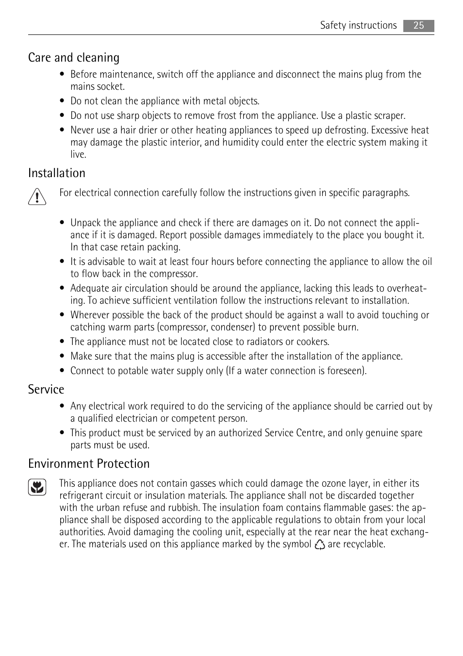 Care and cleaning, Installation, Service | Environment protection | AEG A72010GNW0 User Manual | Page 25 / 80