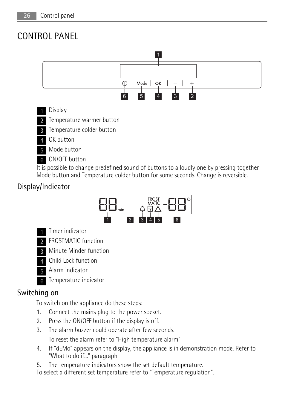 Control panel, Display/indicator, Switching on | AEG A72010GNW0 User Manual | Page 26 / 80