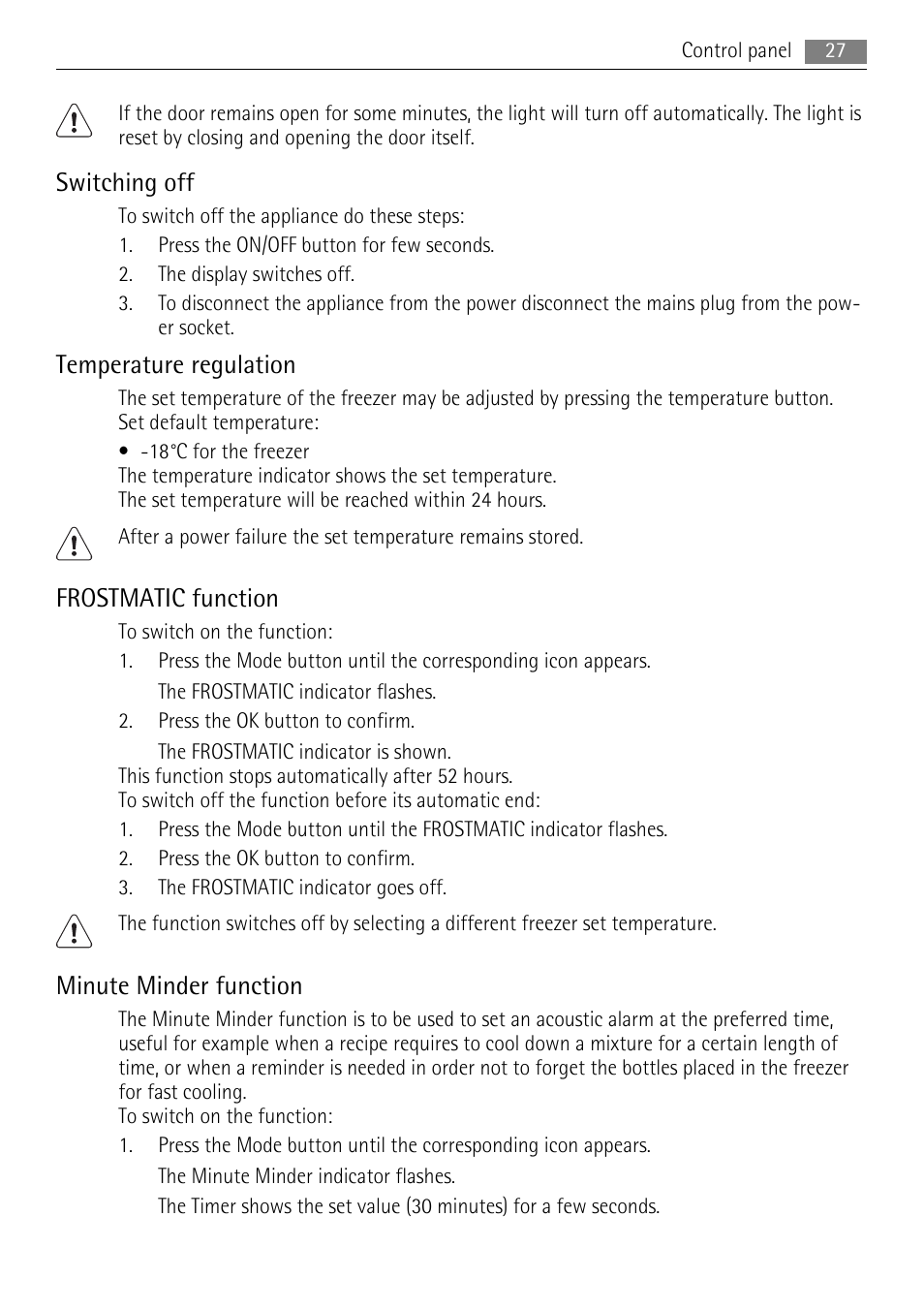 Switching off, Temperature regulation, Frostmatic function | Minute minder function | AEG A72010GNW0 User Manual | Page 27 / 80