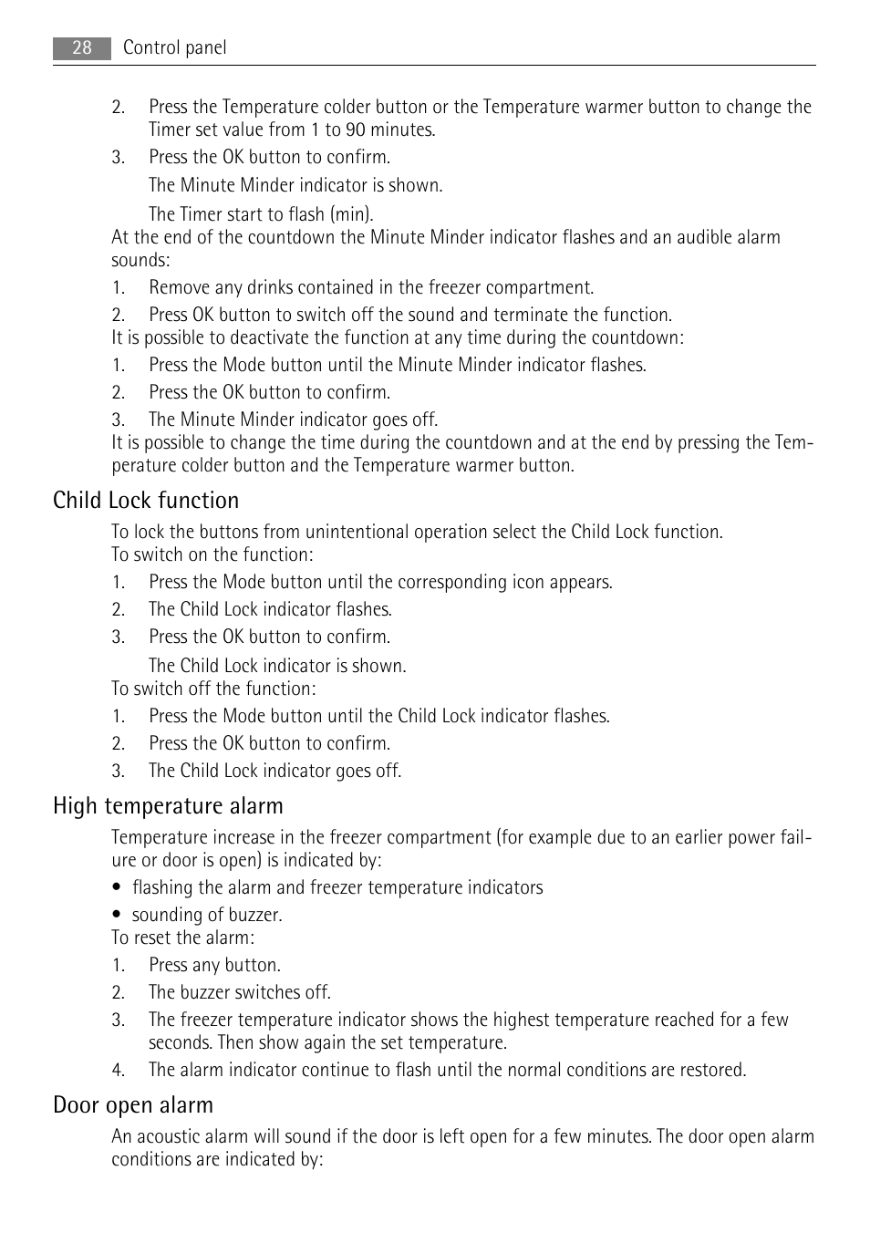 Child lock function, High temperature alarm, Door open alarm | AEG A72010GNW0 User Manual | Page 28 / 80