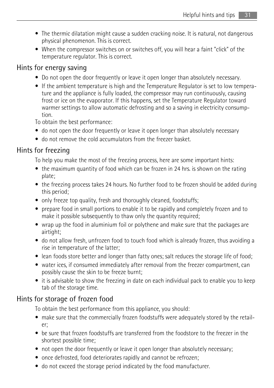 Hints for energy saving, Hints for freezing, Hints for storage of frozen food | AEG A72010GNW0 User Manual | Page 31 / 80