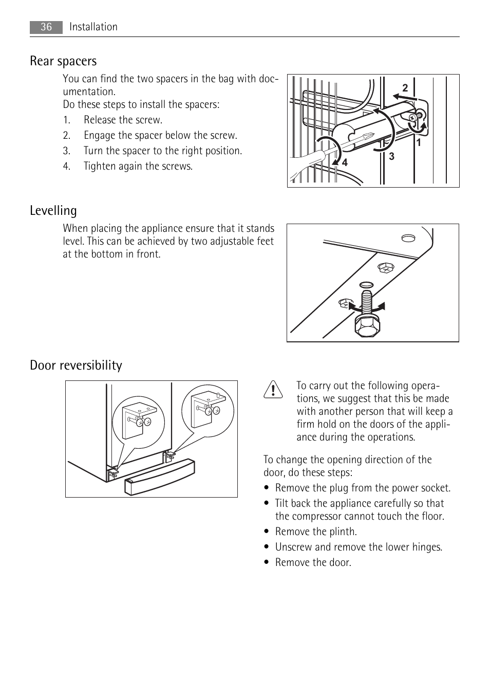 Rear spacers, Levelling, Door reversibility | AEG A72010GNW0 User Manual | Page 36 / 80