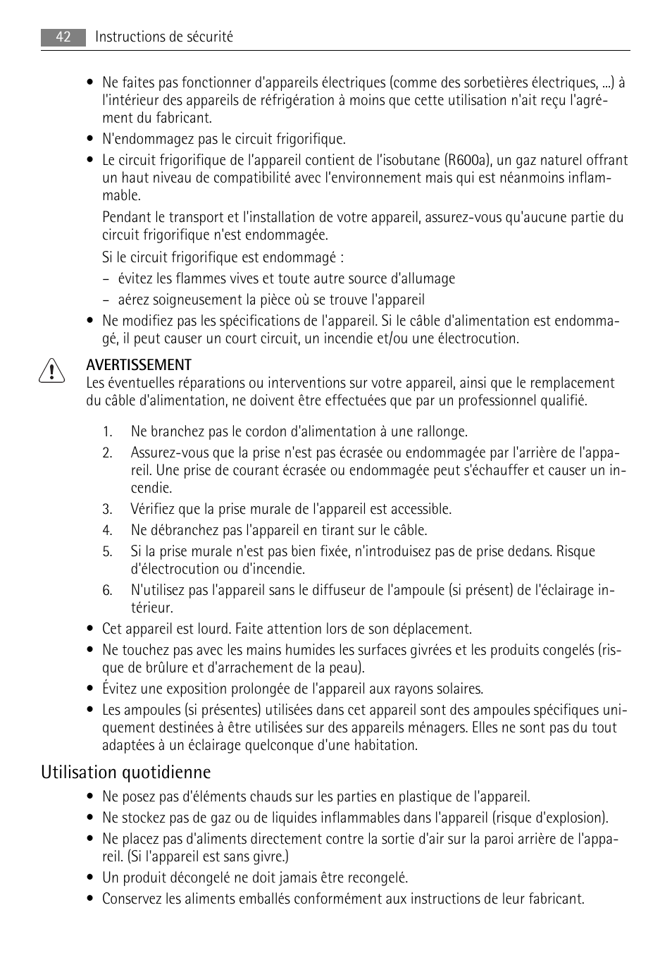 Utilisation quotidienne | AEG A72010GNW0 User Manual | Page 42 / 80