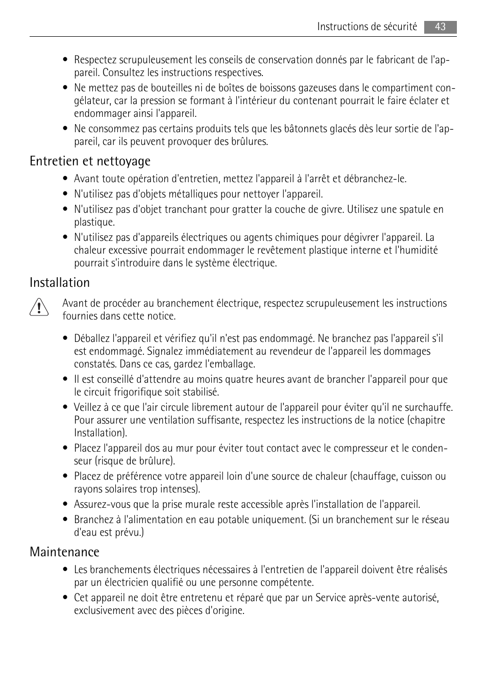 Entretien et nettoyage, Installation, Maintenance | AEG A72010GNW0 User Manual | Page 43 / 80