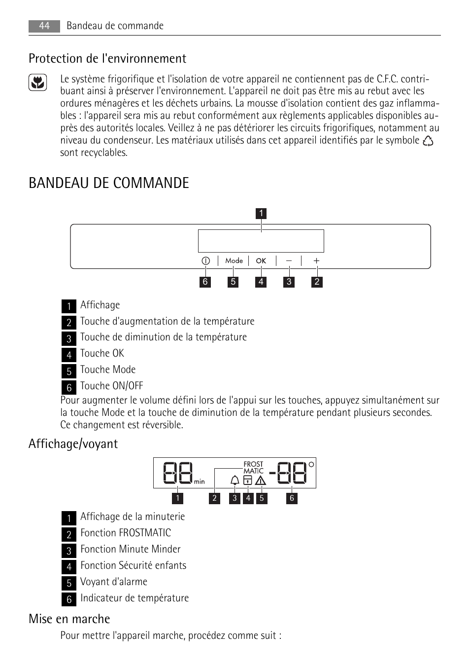 Bandeau de commande, Protection de l'environnement, Affichage/voyant | Mise en marche | AEG A72010GNW0 User Manual | Page 44 / 80
